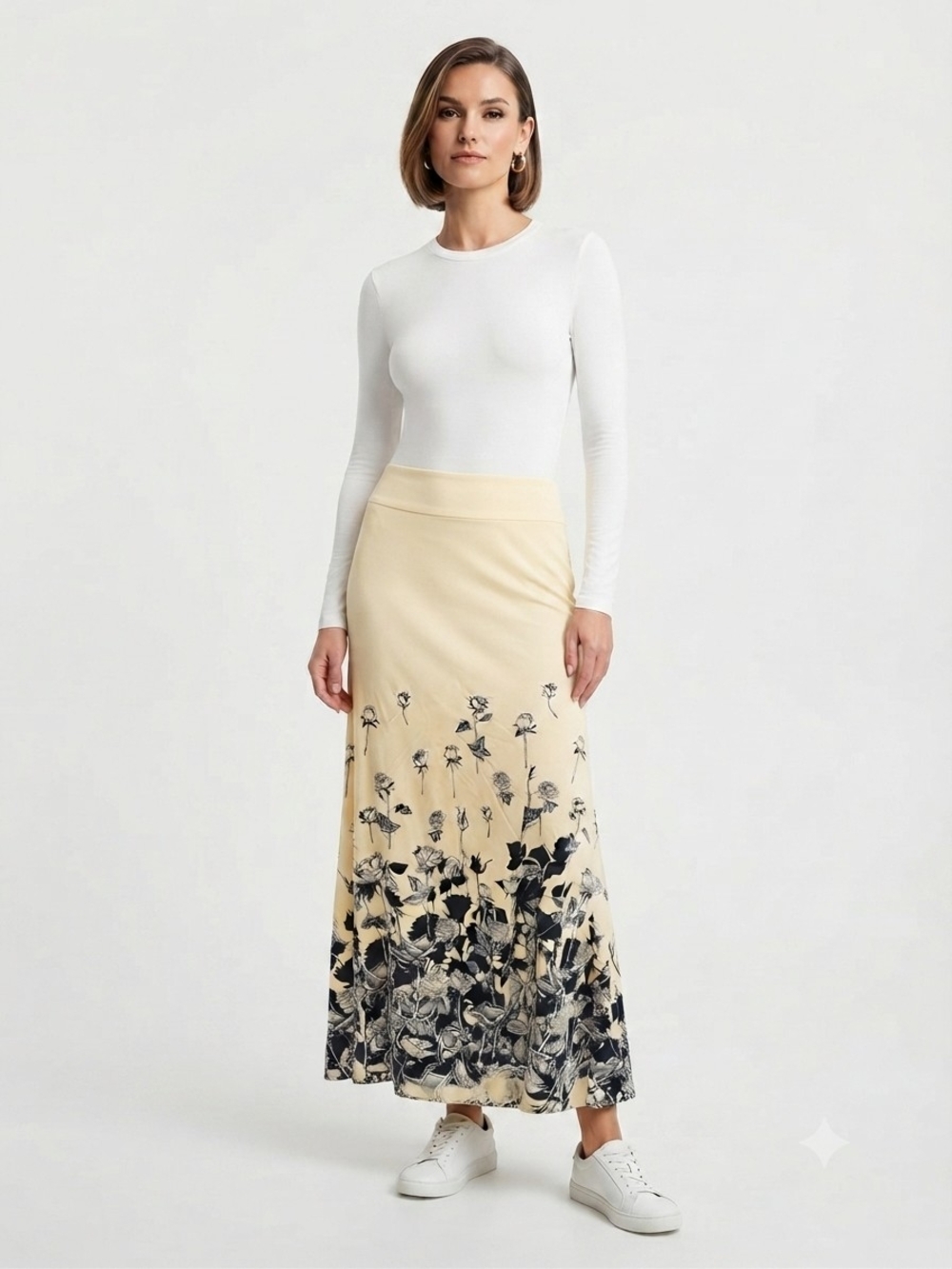 Floral Ombre Maxi Skirt in Light Yellow Up To Size 3XL